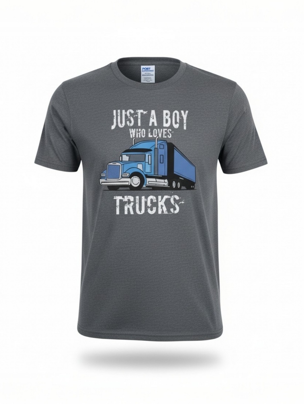 Port & Company Large Blue Grey Just A Boy Who Loves Trucks T-shirt